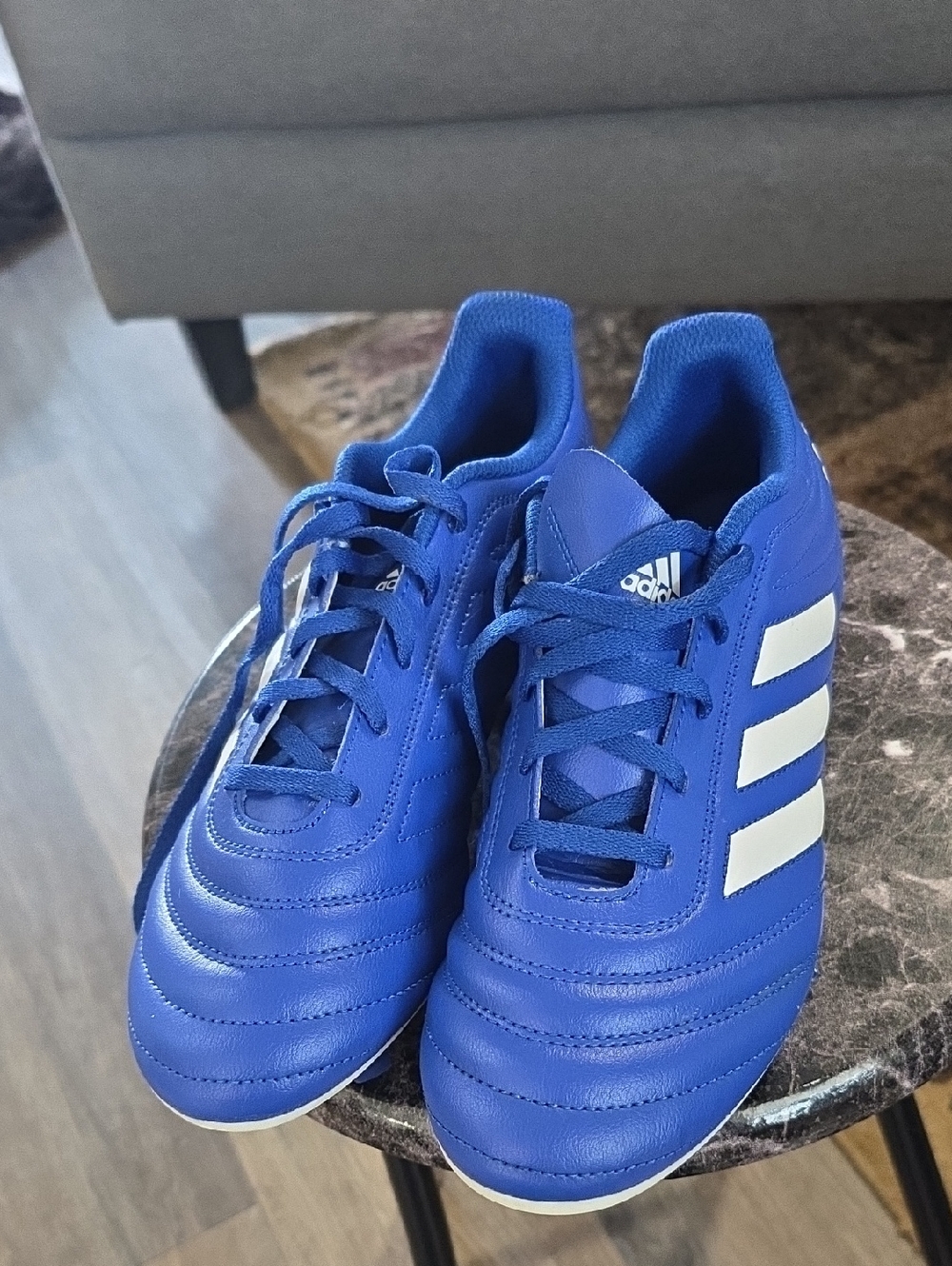 adidas Kids Royal Blue Soccer Sneakers with White Stripes. Pre-used Good.